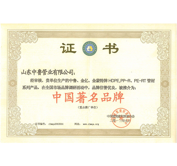 中国著名品牌证书